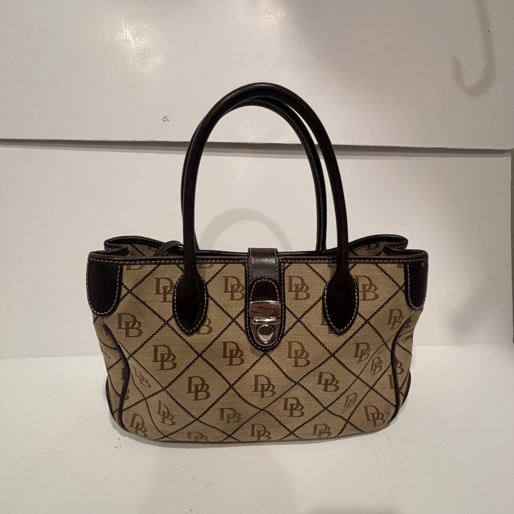 Dooney & Bourke Monogram Canvas Satchel Bag Brown Leather Trim DB Logo Handbag